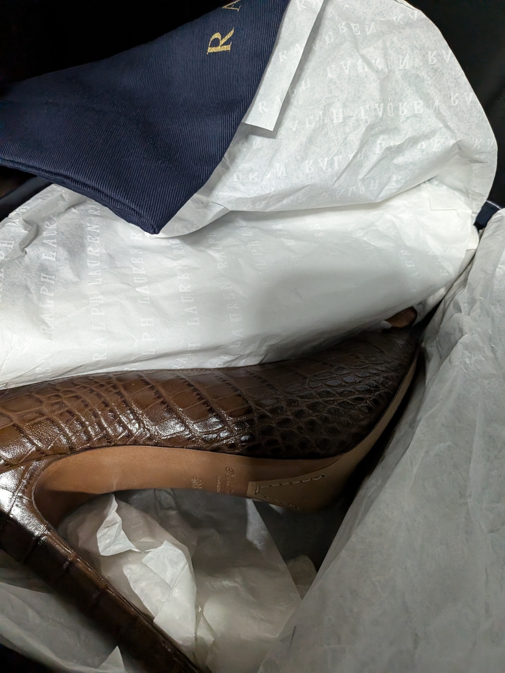 Ralph Lauren Croc-Embossed Brown Leather High Heels - Picture 4 of 4